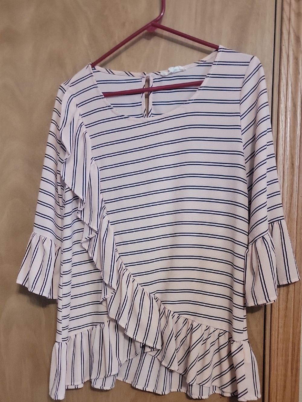 Entro Pink and Navy Striped Ruffle Blouse
